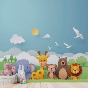 PAPEL DE PAREDE INFANTIL ANIMALS Vinil 0,010mm - Auto adesivo Sob medida - PADRÃO Impressão Digital Fosco - Liso Dividimos em rolos de 40 a 60 cm Imagens meramente ilustrativas