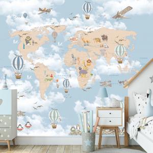 PAPEL DE PAREDE INFANTIL MAPA MUNDI Vinil 0,010mm - Auto adesivo Sob medida - PADRÃO Impressão Digital Fosco - Liso Dividimos em rolos de 40 a 60 cm Imagens meramente ilustrativas