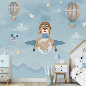 PAPEL DE PAREDE INFANTIL URSINHO AVIADOR Vinil 0,010mm - Auto adesivo Sob medida - PADRÃO Impressão Digital Fosco - Liso Dividimos em rolos de 40 a 60 cm Imagens meramente ilustrativas